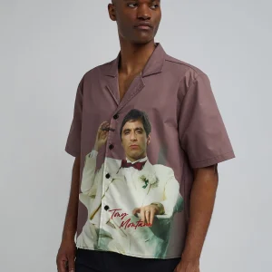 New Scarface Tony Montana Short Sleeve Shirt Box Fit - Brown Button Downs | Oversized Tees