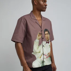 New Scarface Tony Montana Short Sleeve Shirt Box Fit - Brown Button Downs | Oversized Tees