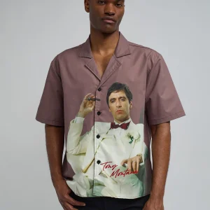 New Scarface Tony Montana Short Sleeve Shirt Box Fit - Brown Button Downs | Oversized Tees