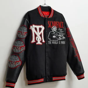 Fashion Scarface™ X Reason Collab Patched Wool Varsity Jacket - Black Varsity Jackets