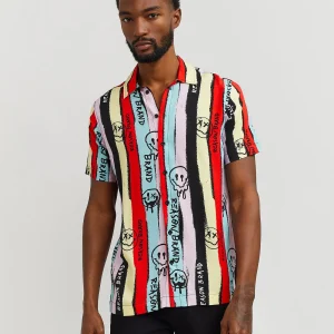 New Smiley Face Allover Print Short Sleeve Shirt Button Downs