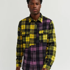 Best Spliced Checkered Color Blocked Overshirt - Purple Button Downs | Flannels