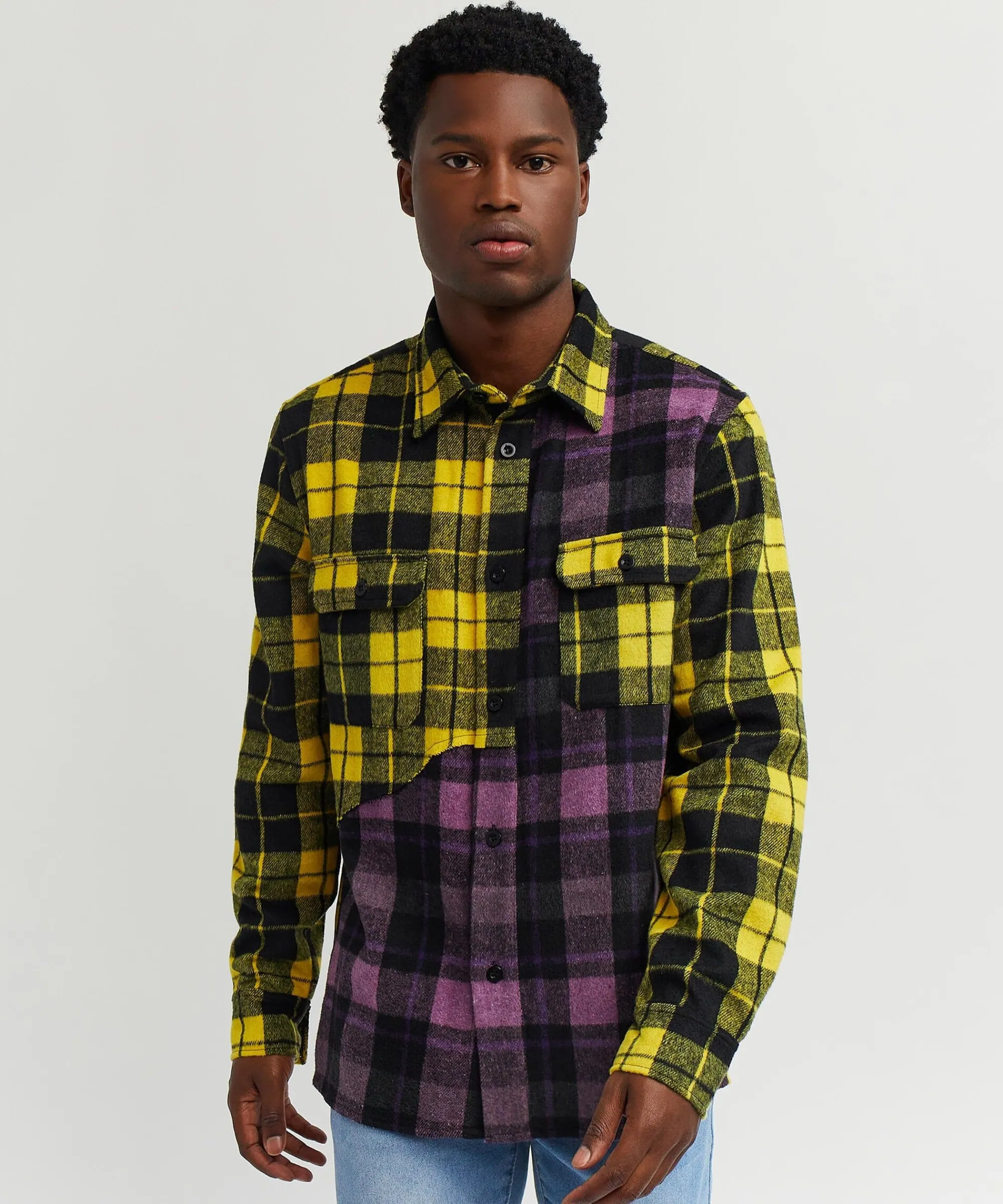 spliced_checkered_color_blocked_overshirt__purple_0.webp Best Spliced Checkered Color Blocked Overshirt - Purple Button Downs | Flannels