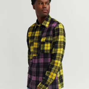 Best Spliced Checkered Color Blocked Overshirt - Purple Button Downs | Flannels