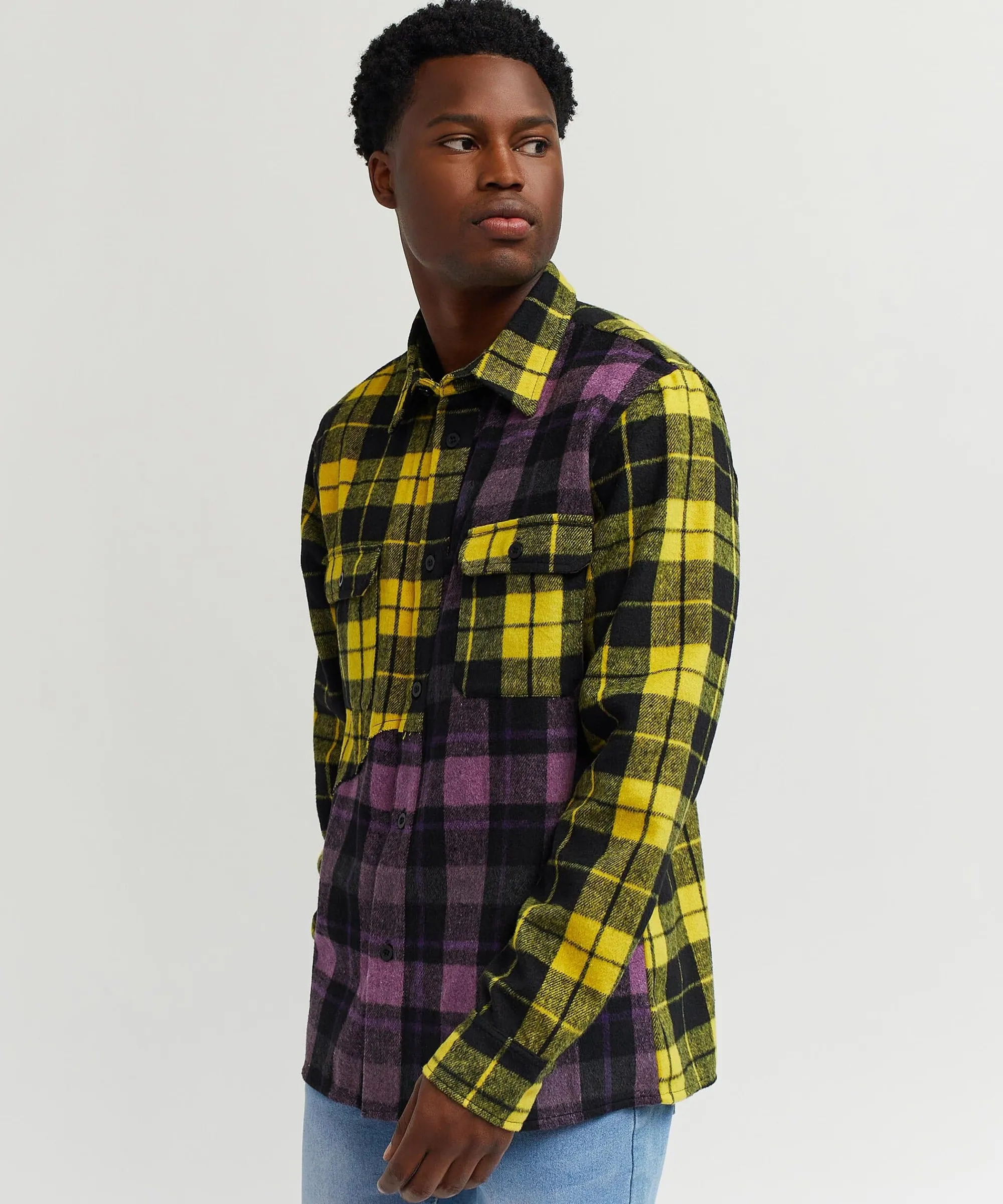 spliced_checkered_color_blocked_overshirt__purple_2.webp Best Spliced Checkered Color Blocked Overshirt - Purple Button Downs | Flannels