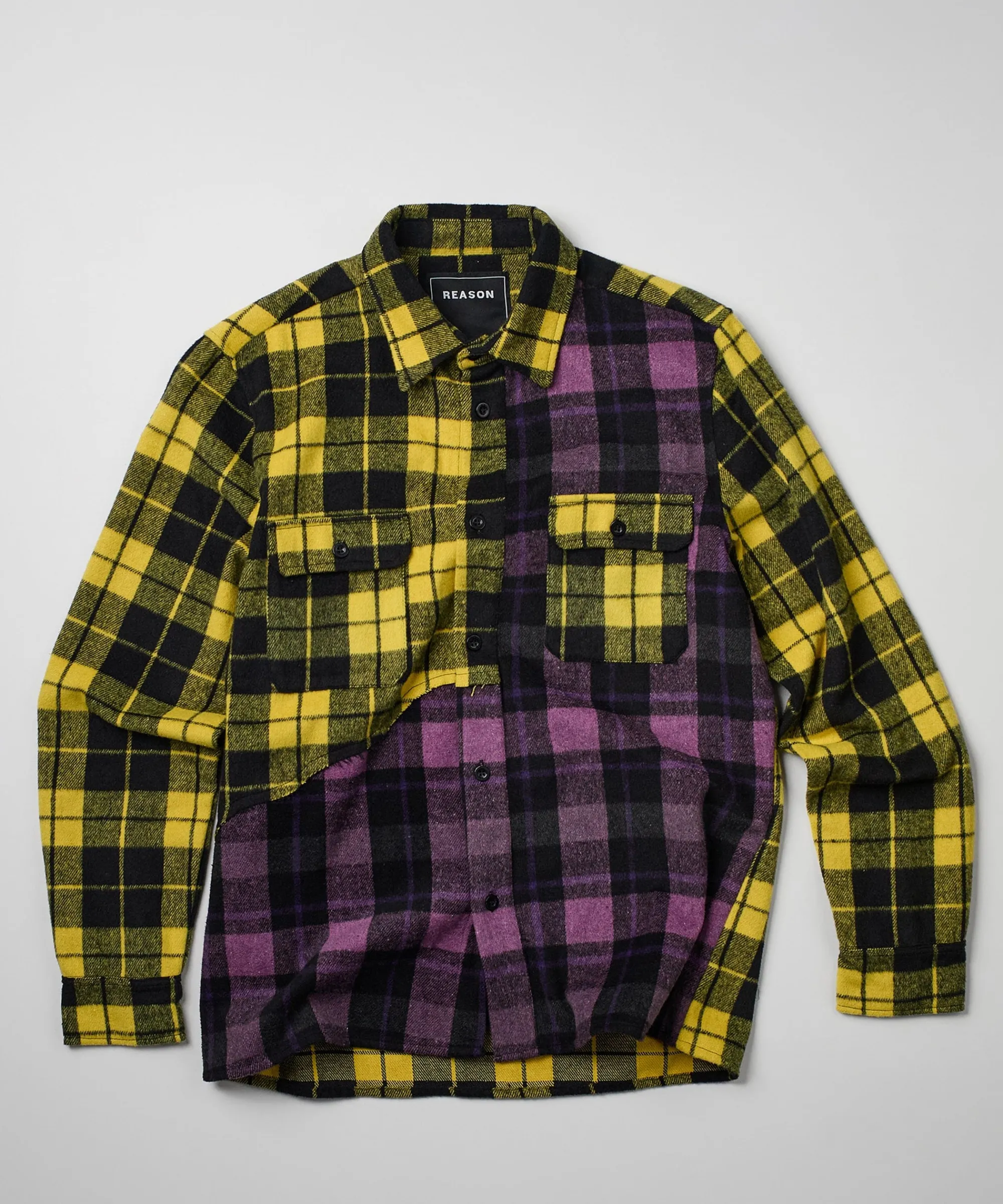 spliced_checkered_color_blocked_overshirt__purple_3.webp Best Spliced Checkered Color Blocked Overshirt - Purple Button Downs | Flannels