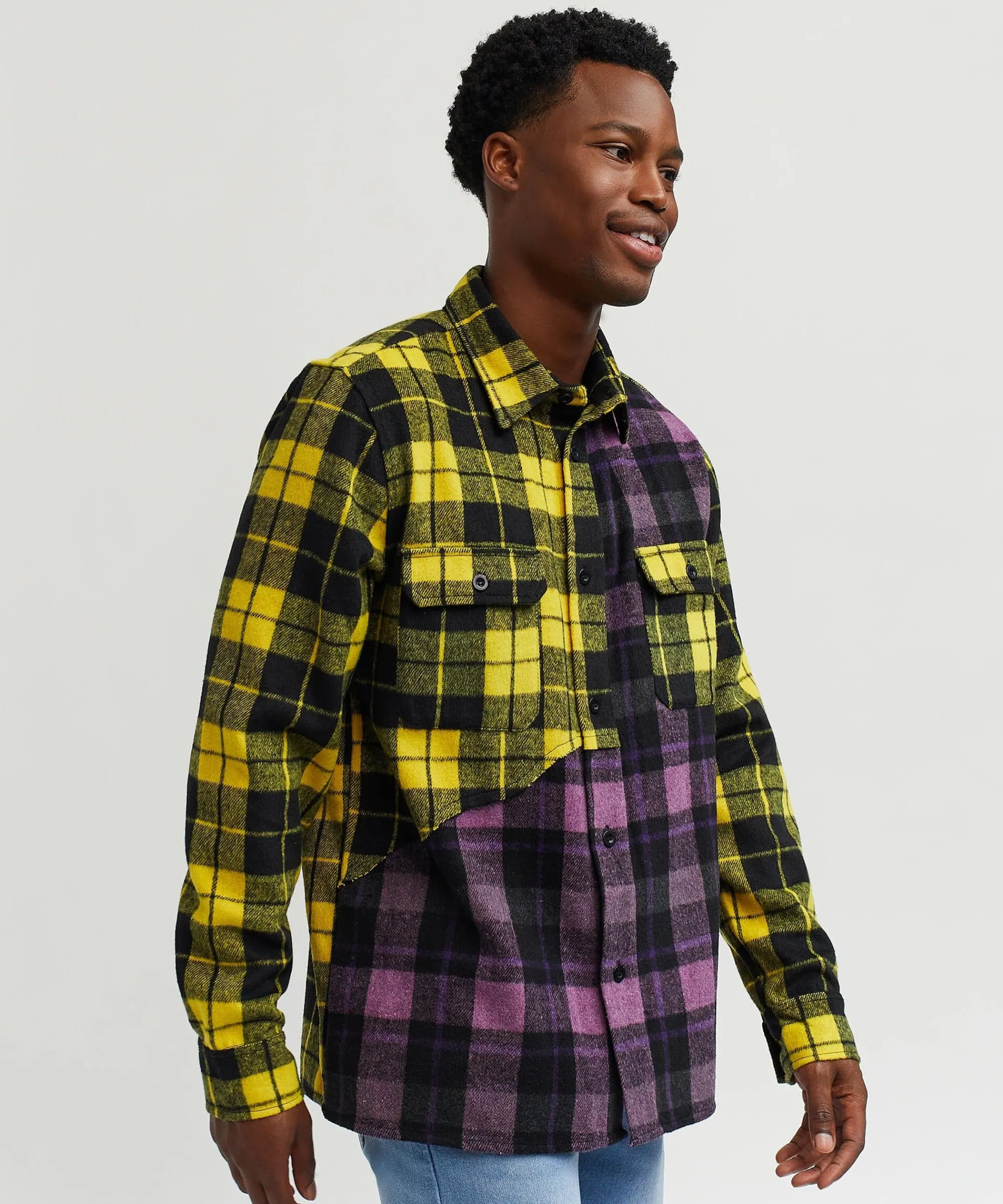 spliced_checkered_color_blocked_overshirt__purple_5.webp Best Spliced Checkered Color Blocked Overshirt - Purple Button Downs | Flannels