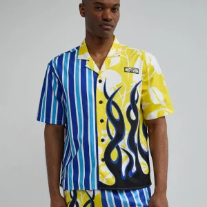Cheap Stripes And Flames Split Short Sleeve Shirt Button Downs