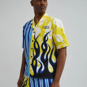 Cheap Stripes And Flames Split Short Sleeve Shirt Button Downs