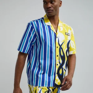 Cheap Stripes And Flames Split Short Sleeve Shirt Button Downs