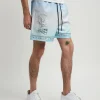 Clearance Styx Skulls Linen Texture Allover Print Shorts - Light Blue Shop All Bottoms | Shorts