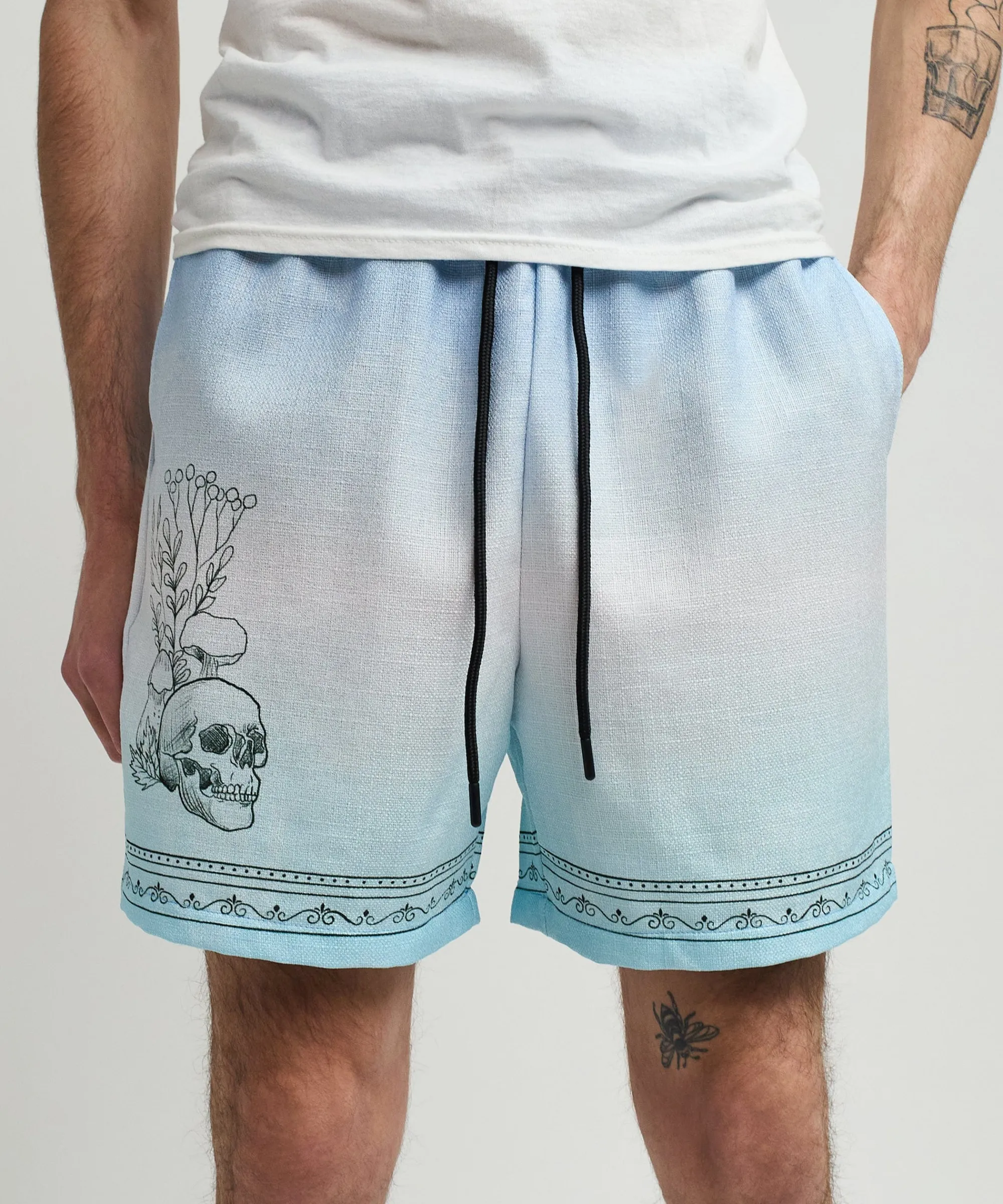 styx_skulls_linen_texture_allover_print_shorts__light_blue_5.webp Clearance Styx Skulls Linen Texture Allover Print Shorts - Light Blue Shop All Bottoms | Shorts