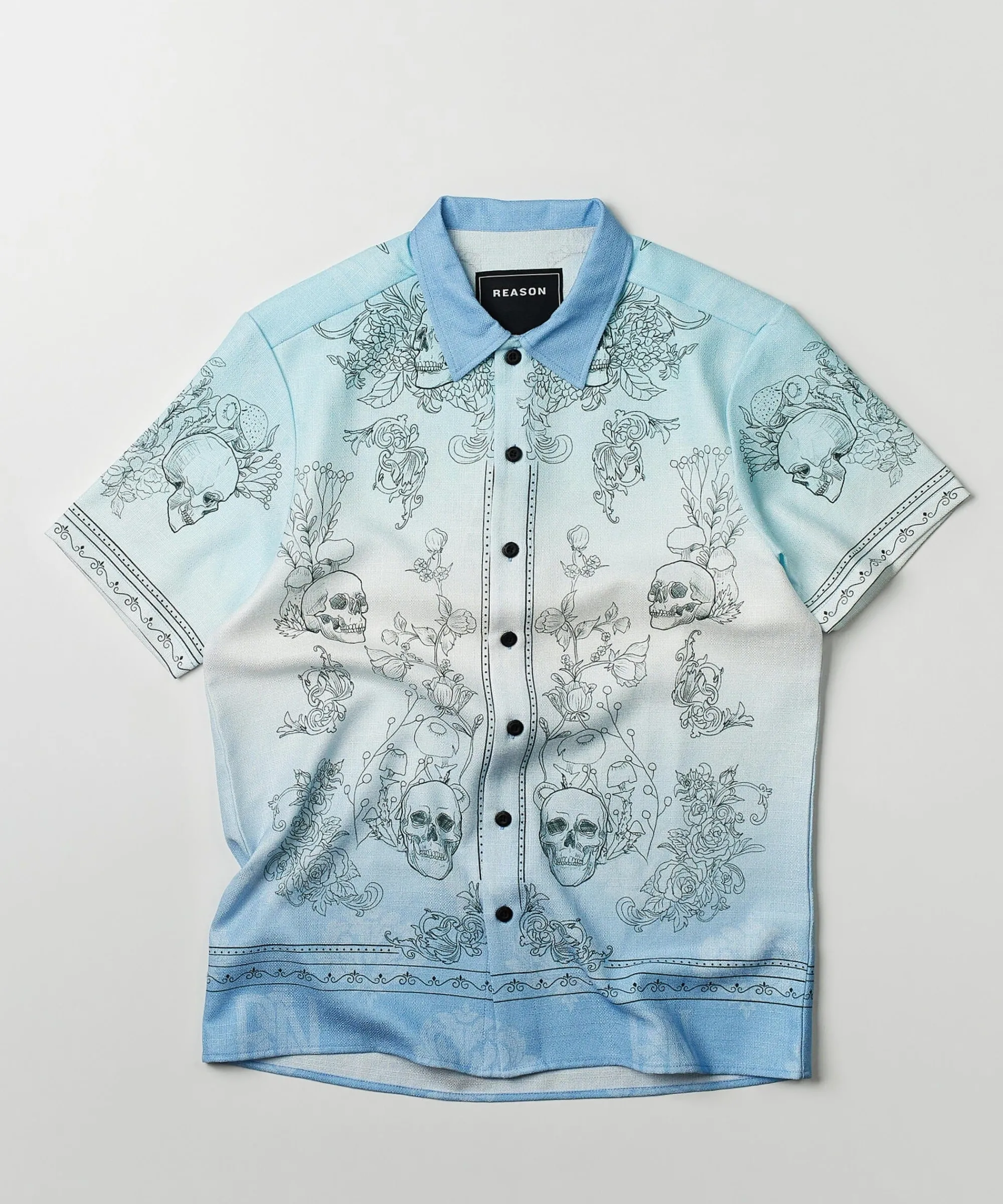 styx_skulls_linen_texture_short_sleeve_button_down_shirt__light_blue_0.webp Fashion Styx Skulls Linen Texture Short Sleeve Button Down Shirt - Light Blue Button Downs