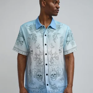Fashion Styx Skulls Linen Texture Short Sleeve Button Down Shirt - Light Blue Button Downs