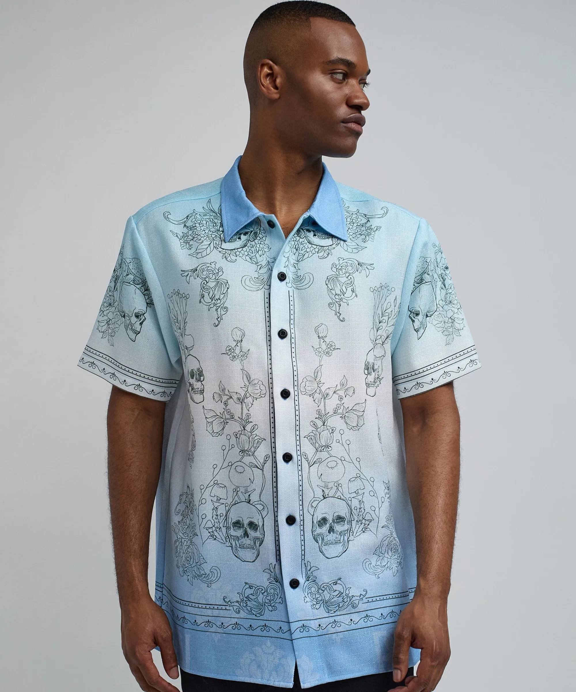styx_skulls_linen_texture_short_sleeve_button_down_shirt__light_blue_2.webp Fashion Styx Skulls Linen Texture Short Sleeve Button Down Shirt - Light Blue Button Downs