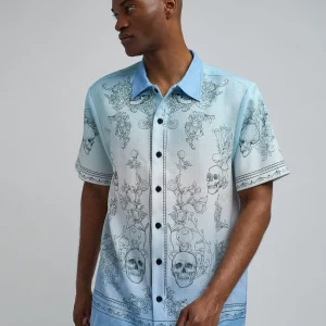 Fashion Styx Skulls Linen Texture Short Sleeve Button Down Shirt - Light Blue Button Downs
