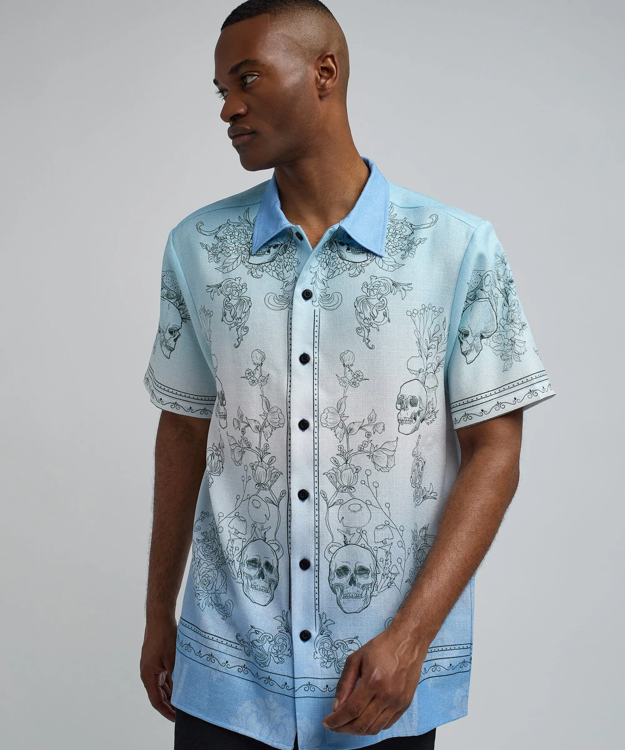 styx_skulls_linen_texture_short_sleeve_button_down_shirt__light_blue_3.webp Fashion Styx Skulls Linen Texture Short Sleeve Button Down Shirt - Light Blue Button Downs