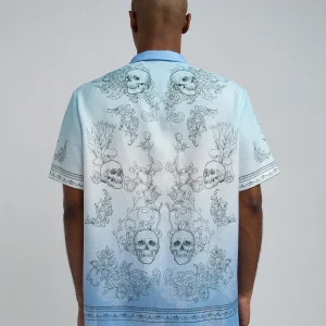 Fashion Styx Skulls Linen Texture Short Sleeve Button Down Shirt - Light Blue Button Downs