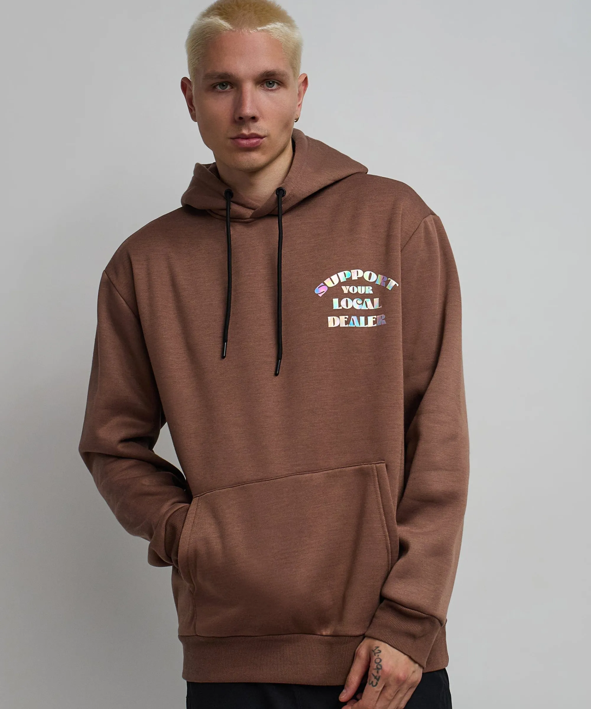 support_local_iridescent_foil_print_hoodie__brown_6.webp Discount Support Local Iridescent Foil Print Hoodie - Brown Hoodies | Hoodies