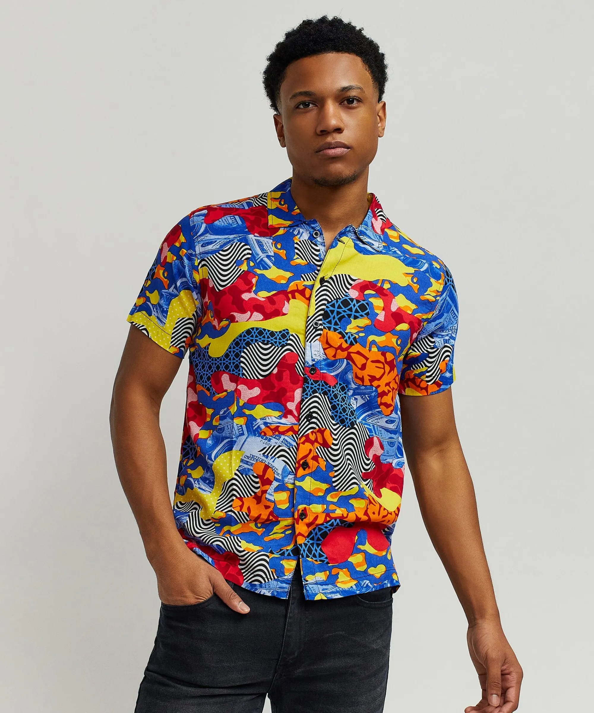 wavy_allover_print_short_sleeve_shirt_0.webp Shop Wavy Allover Print Short Sleeve Shirt Button Downs