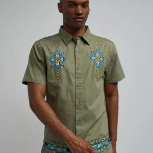 Best Sale Zona Embroidery Cuban Short Sleeve Shirt - Olive Green Button Downs