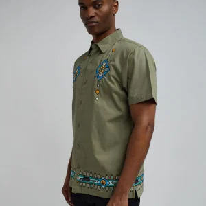 Best Sale Zona Embroidery Cuban Short Sleeve Shirt - Olive Green Button Downs